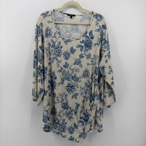 Sami & Jo Plus Size 3X Beige Blue Floral Print Asymmetrical Button Tunic Top